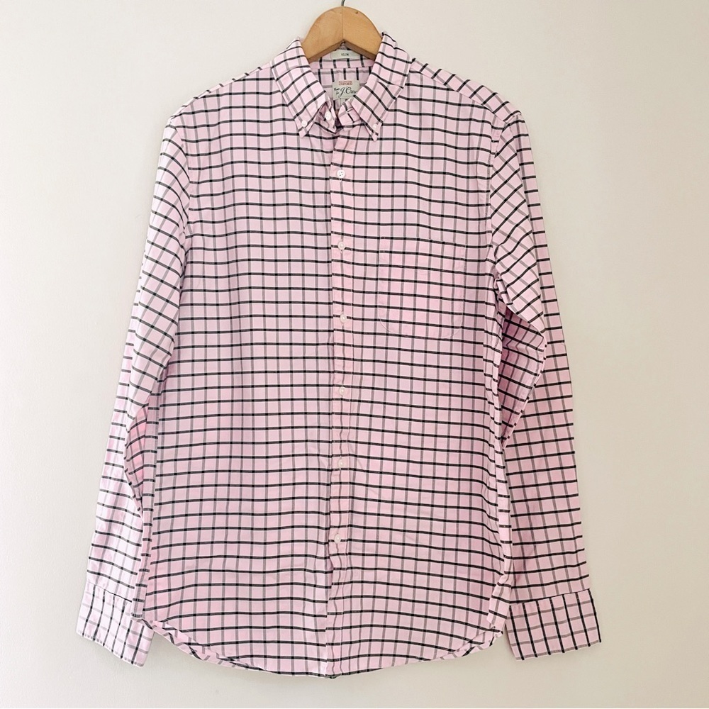 J. Crew Pink Windowpane Plaid All Cotton Oxford Dress Shirt Medium